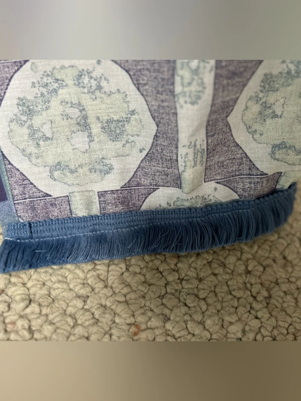 Blue Geometric Shower Curtain w/Tan Pom-Poms thru-out + blue fringe hem. So cute - Picture 5 of 6